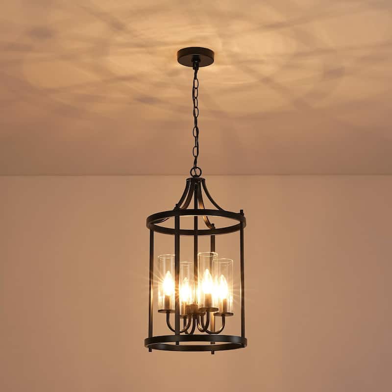 4-Light Traditional Black Drum Lantern Kitchen Island Pendant Lighting with Clear Glass Shade - 12.2 in. W x 22.44 in. H