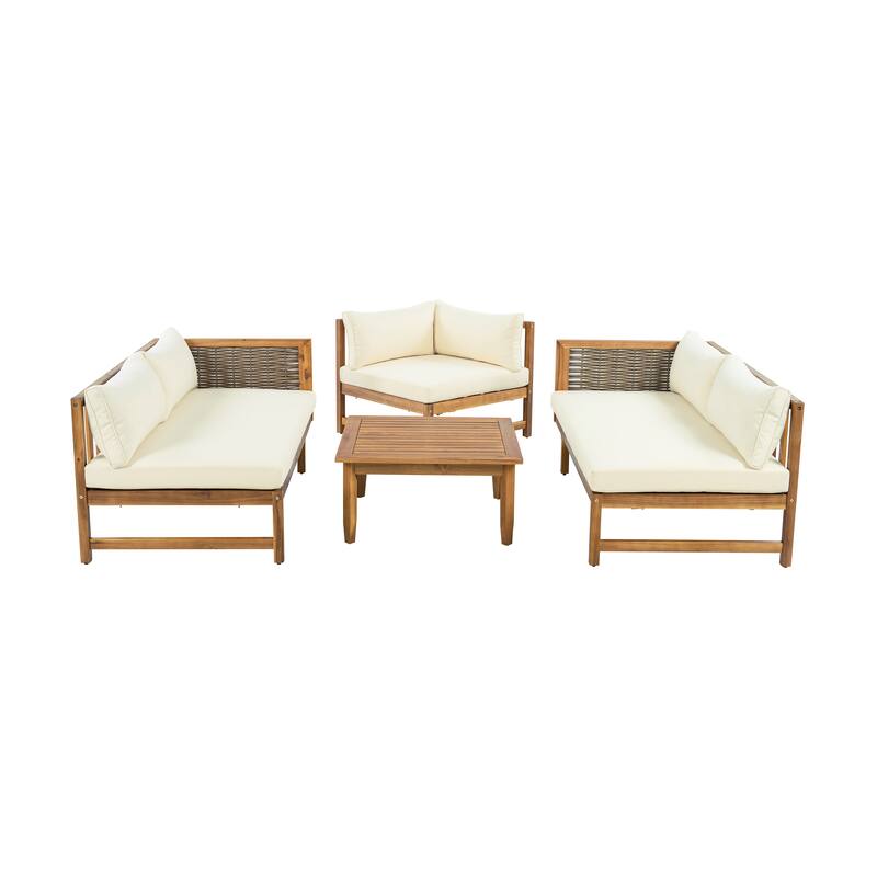Acacia Wood Outdoor Modular Seating Set with Waterproof Cushions and Side Table Outdoor Sofa Set for Garden