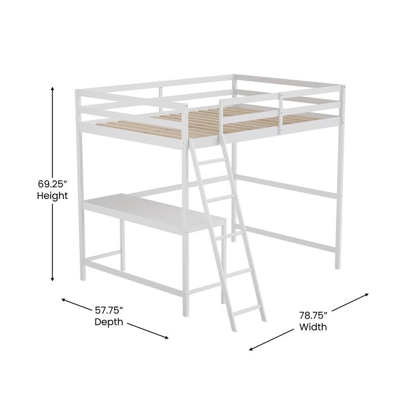 Traditional Wood Slat Loft Bed with Integrated Desk & Ladder