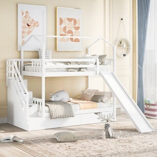 Twin over Twin House Bunk Bed with Storage Staircase, Two Drawers and Slide