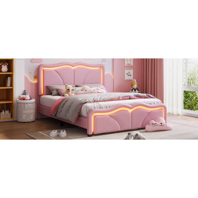 Roomfitters Twin/Full Size Upholstered Platform Bed with LED Light Headboard and Footboard, Wave Shaped Padded Frame, Pink