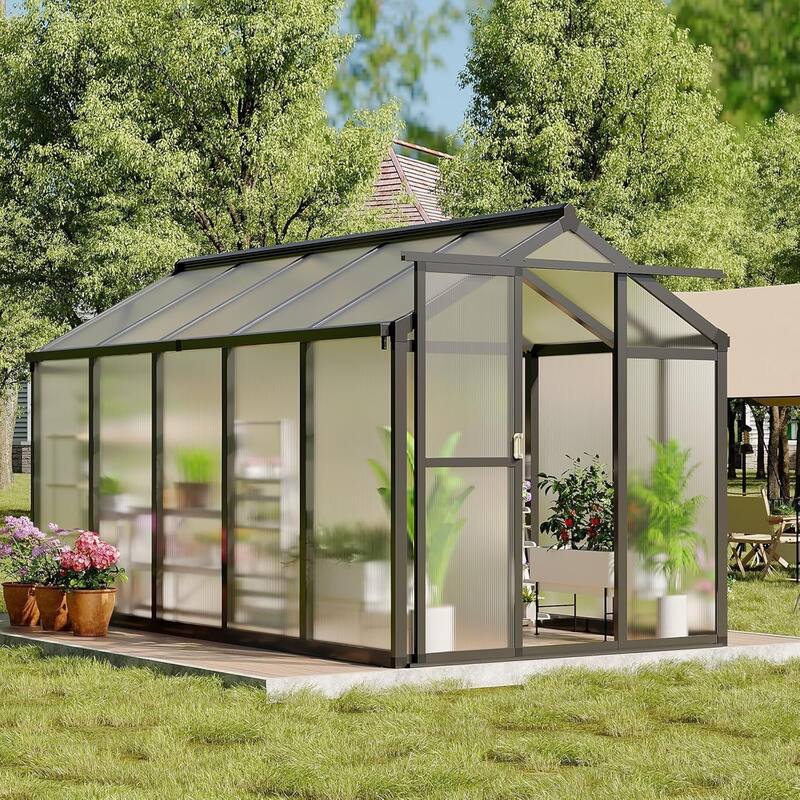 6x10 ft Walk-In Polycarbonate Greenhouse with Aluminum Frame, Black. - 6 x 10 x 6.5FT - 6 x 10 x 6.5FT