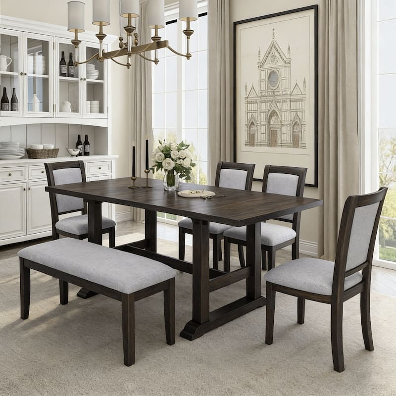 Roomfitters 6-Piece Dining Set, Rectangular Wood Kitchen Table with Trestle Base, 4 Upholstered Chairs and Bench