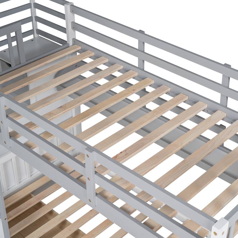 Twin-Over-Twin Castle Style Bunk Bed with Drawers,Shelves,Slide