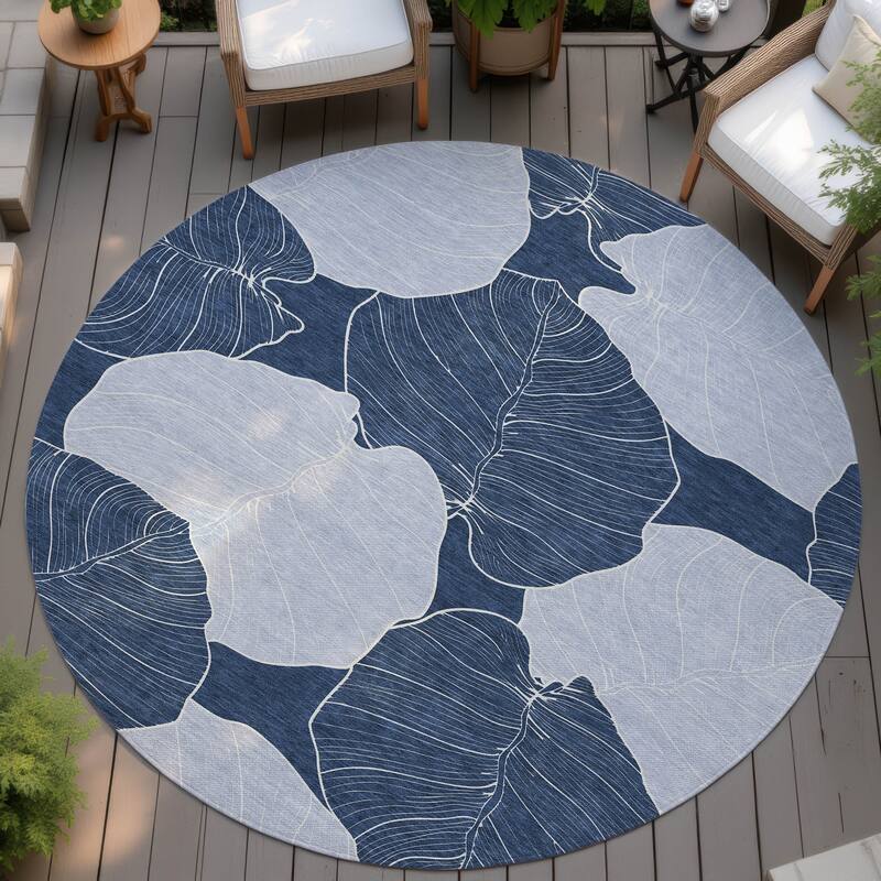 Machine Washable Indoor/ Outdoor Tropical Floral Chantille Rug - Navy - 8' x 8'