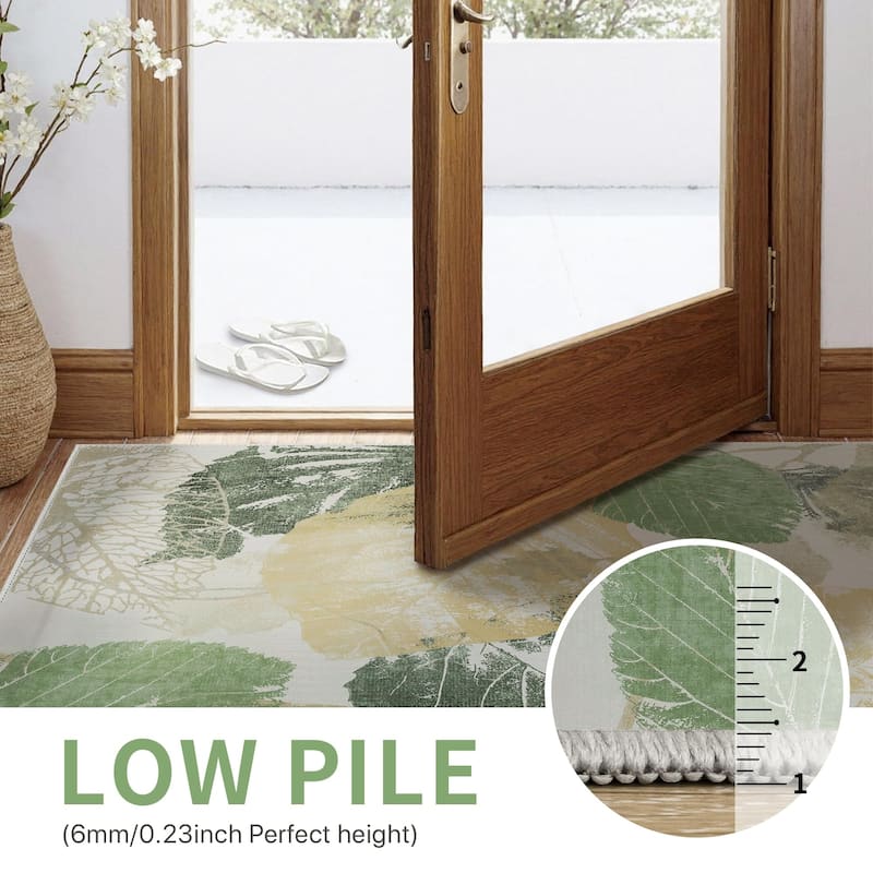 Mcow Leaf Collection Botanical Print Low-Pile Washable Area Rug