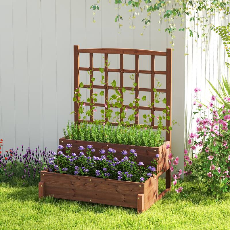 Gymax 2PCS Raised Garden Bed w/Trellis Drainage Holes Legs Twisting