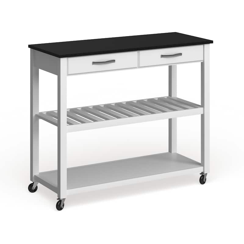 Crosley Solid Black Granite Top Kitchen Cart/ Island With Optional Stool Storage in White Finish - 17"d x 43"w x 35"h - Kitchen Cart - Wood - White