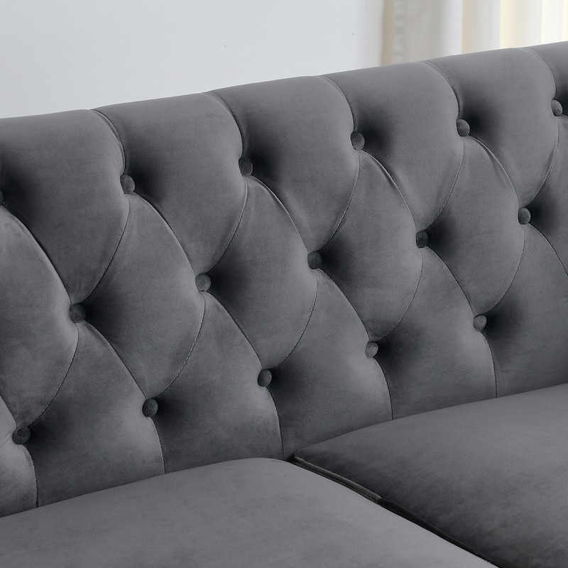 Roomfitters 77" Chesterfield Sofa, 3-Seater Velvet Tufted Couch with Rolled Arms, Nailhead Trim and 2 Cushions