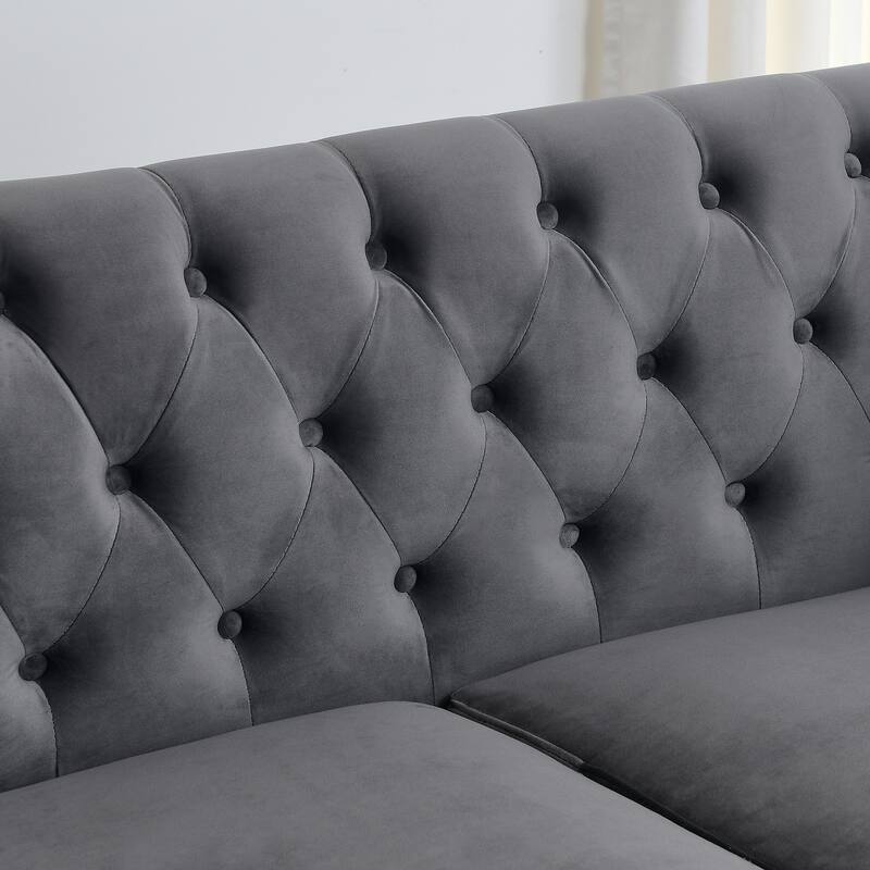 Velvet Chesterfield Upholstered Sofa, Lounge Sofa with Tufted Backrests, 3 Seater Sofa with Nailhead Arms & 2 Cushions