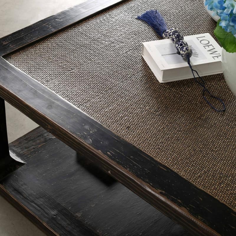 Milo Square Coffee Table with Rattan Top Distressed Blackwash 50x50x19H