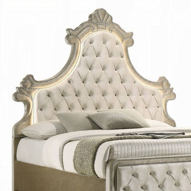 Willa Queen Size Bed, LED Lights, Beige Velvet Upholstery, Brown Wood
