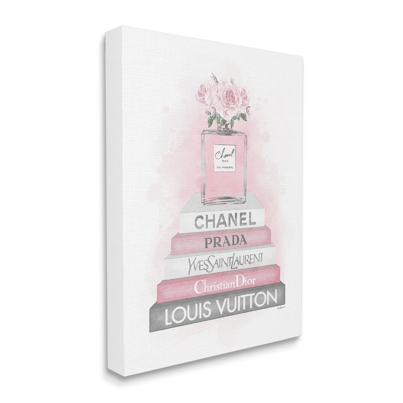 Stupell Pink Roses Perfume Bottle Glam Fashion Bookstack Canvas Wall Art - 36 x 48