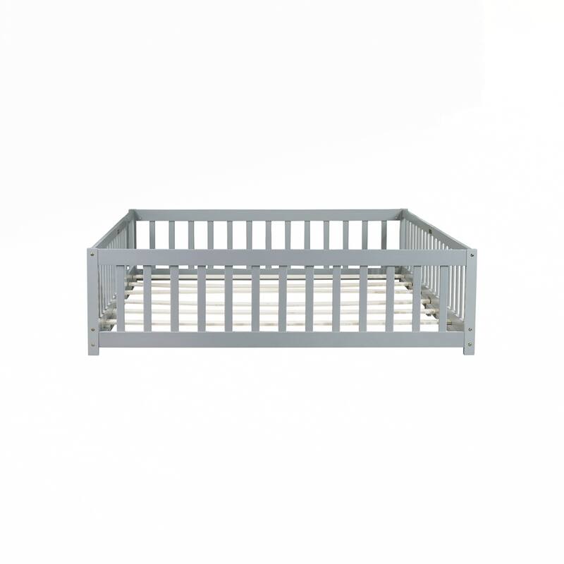 Rubber Wood Floor Bed with Safety Guardrails