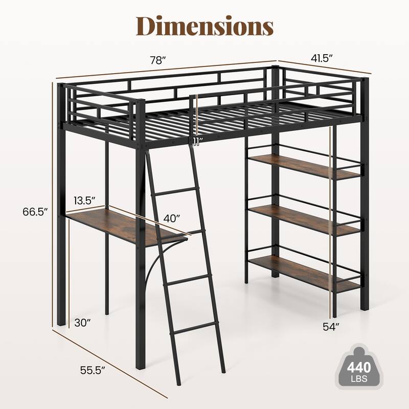 Gymax Twin Size Loft Bed w/ Desk & Shelves Inclined Ladder &