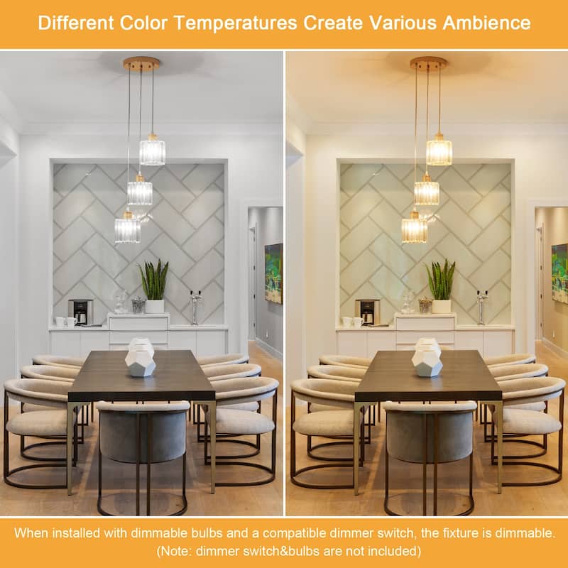 Modern 3-Light Crystal Chandelier, Kitchen Island Pendant Lights, Classic Semi Flush Mount Chandelier for Dining Room
