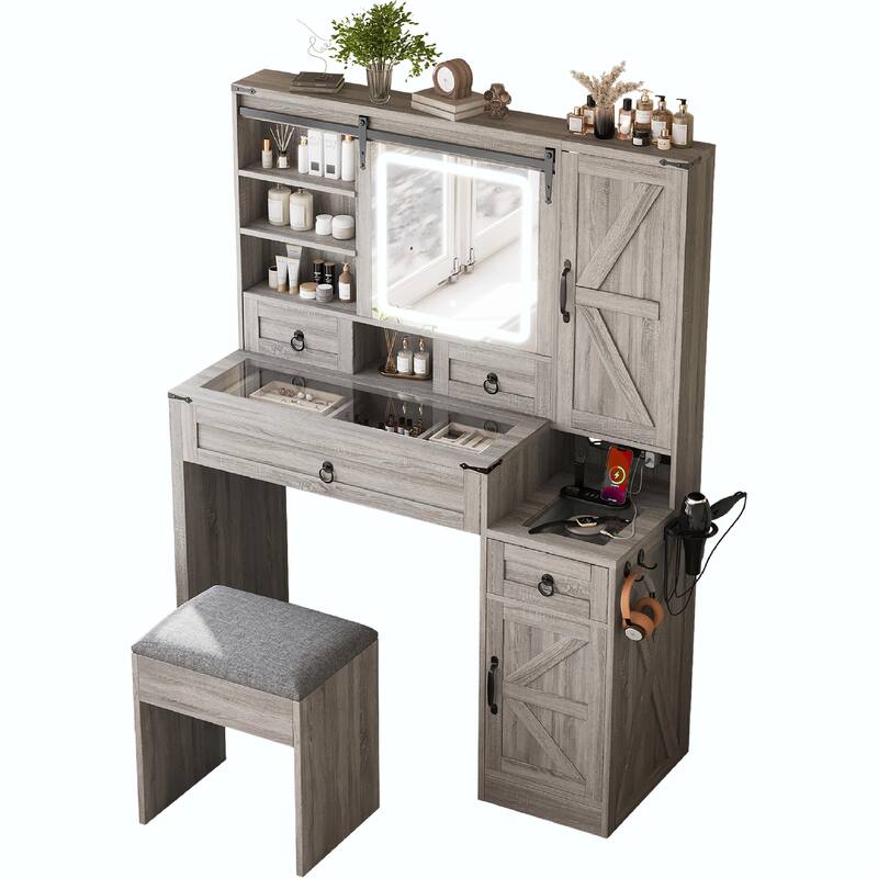 Farmhouse Vanity Desk with Sliding Mirror & Lights, Glass Top Vanity Set