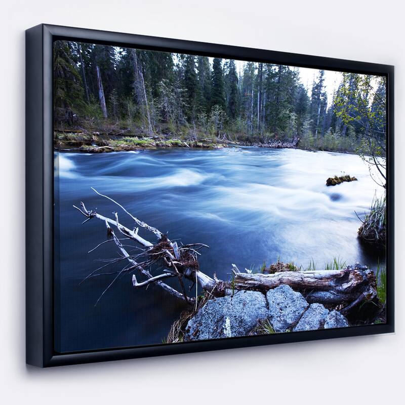 Designart "Blue River in Forest At Evening" Oversized Landscape Framed Canvas Art - 40 in. wide x 30 in. high - Black
