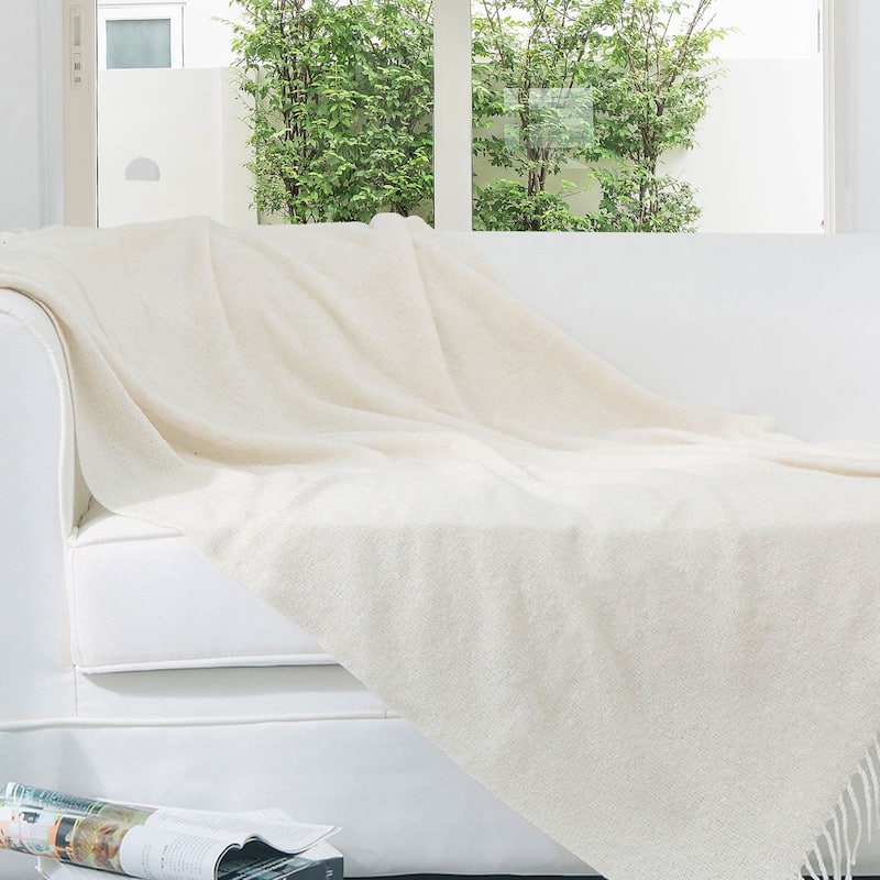Cheer Collection Ultra Soft Knit Fringe Throw Blanket - Ivory