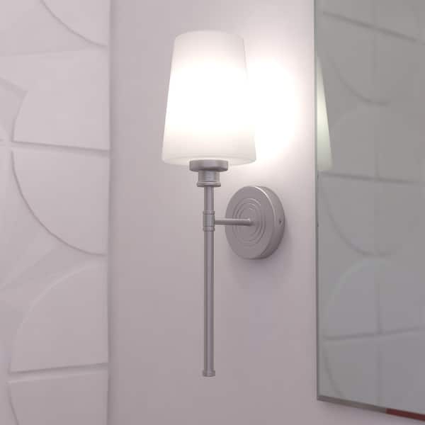 slide 2 of 11, Clark 1 Light Satin Nickel Bathroom Wall Sconce White Glass - 5.25-in W x 19-in H x 7-in D Satin Nickel - 5.25-in W x 19-in H x 7-in D
