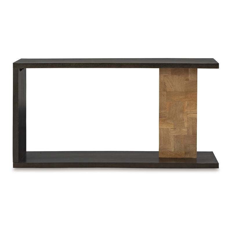 Console Sofa Table, Solid Wood C Shape w Shelf, Black Brown 58 Inch