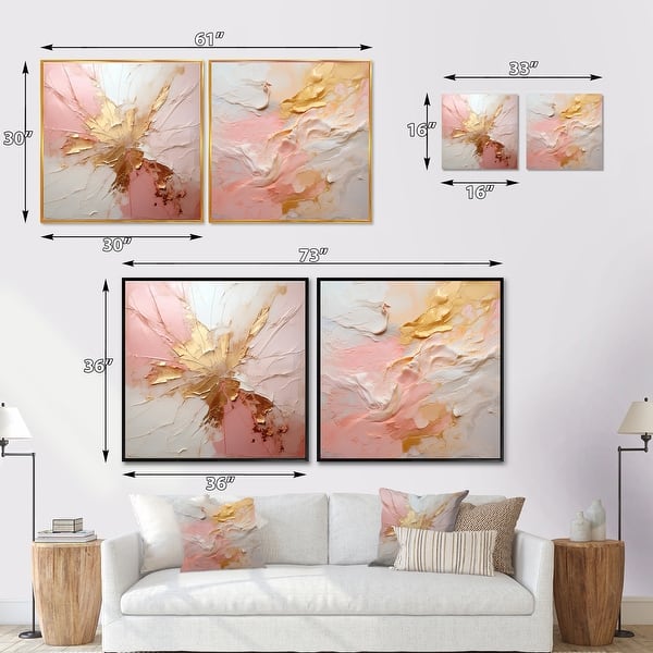Designart "Gold And Pink Paint Fusion" Abstract Painting Canvas Set Of 2 - Modern Wall Art Set Beige Wall Art 2 Pieces