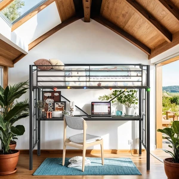 slide 2 of 16, Artsy Twin Metal Loft Bed with Desk, Power Outlet and LED Lighted, Safety Guard & Ladder, No Box Spring Needed, Black