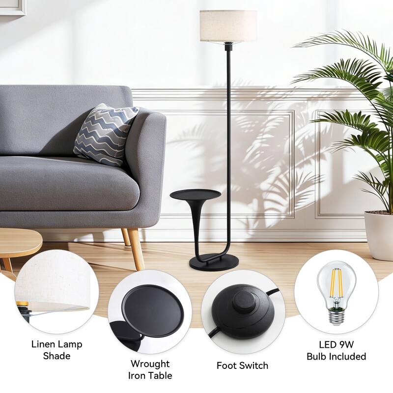 58 Inches Modern Bright Floor Lamp with Table and Beige Fabric Drum Shade - 58 Inches