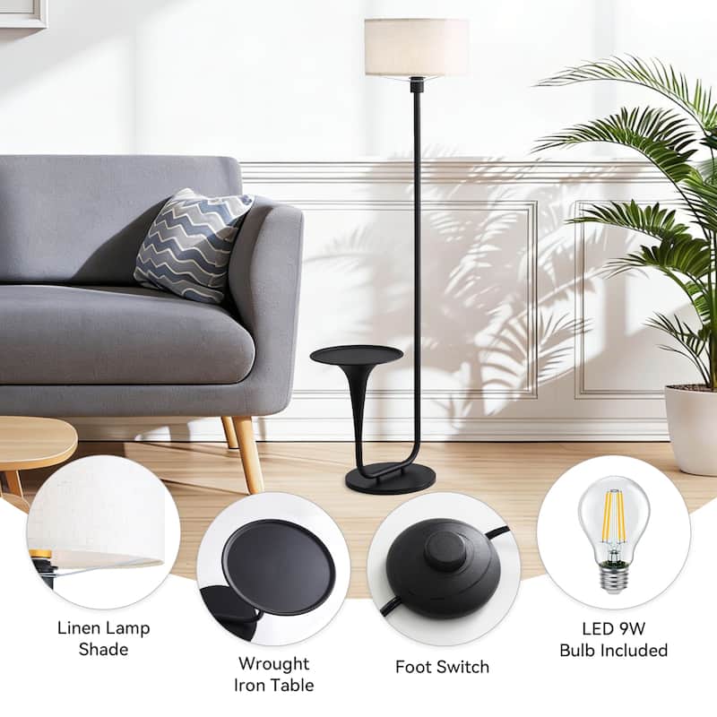 Anmytek Modern LED Floor Lamp with Integrated Side Table, Matte Black Metal Frame & Linen Drum Shade for Living Room