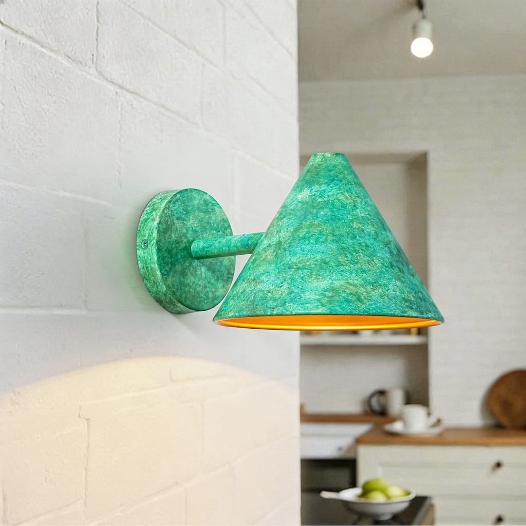 Rennnsan 8.3 in. W Rustic Farmhouse Distressed Green Metal Cone Wall Sconce with Gold Interior Accent