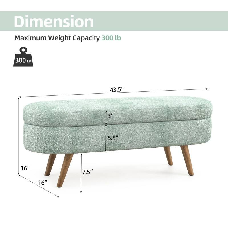 44" Beige Boucle Storage Ottoman Bench for Living Room Bedroom,Oval Storage Bench Ottoman Foot Rest Wood Legs