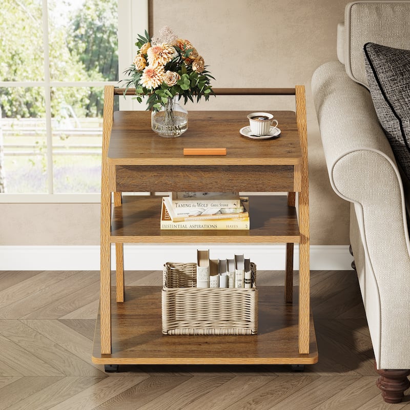 3-Tier Rolling Side Table, Adjustable Tabletop End Table with 1 Drawer, TV Tray for Small Spaces, Living Room