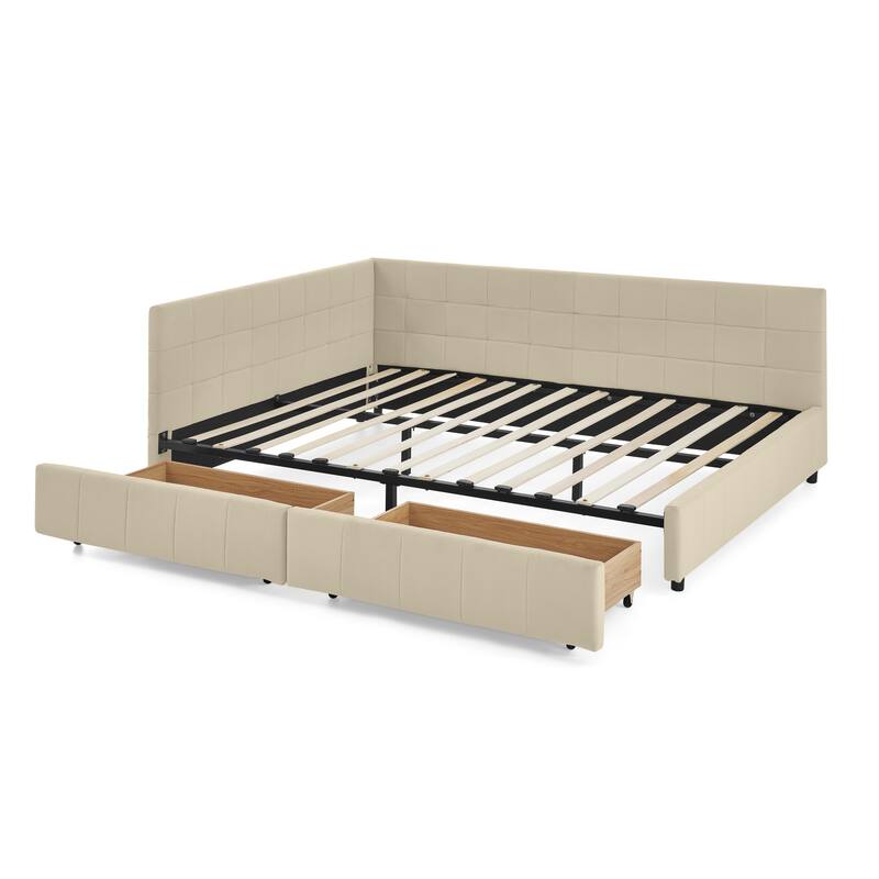 Queen Size Bed Upholstered Tufted Bed Frame Storage Sofa Bed Frame with L-shape Guardrail Velvet Platform Bed for Living Room