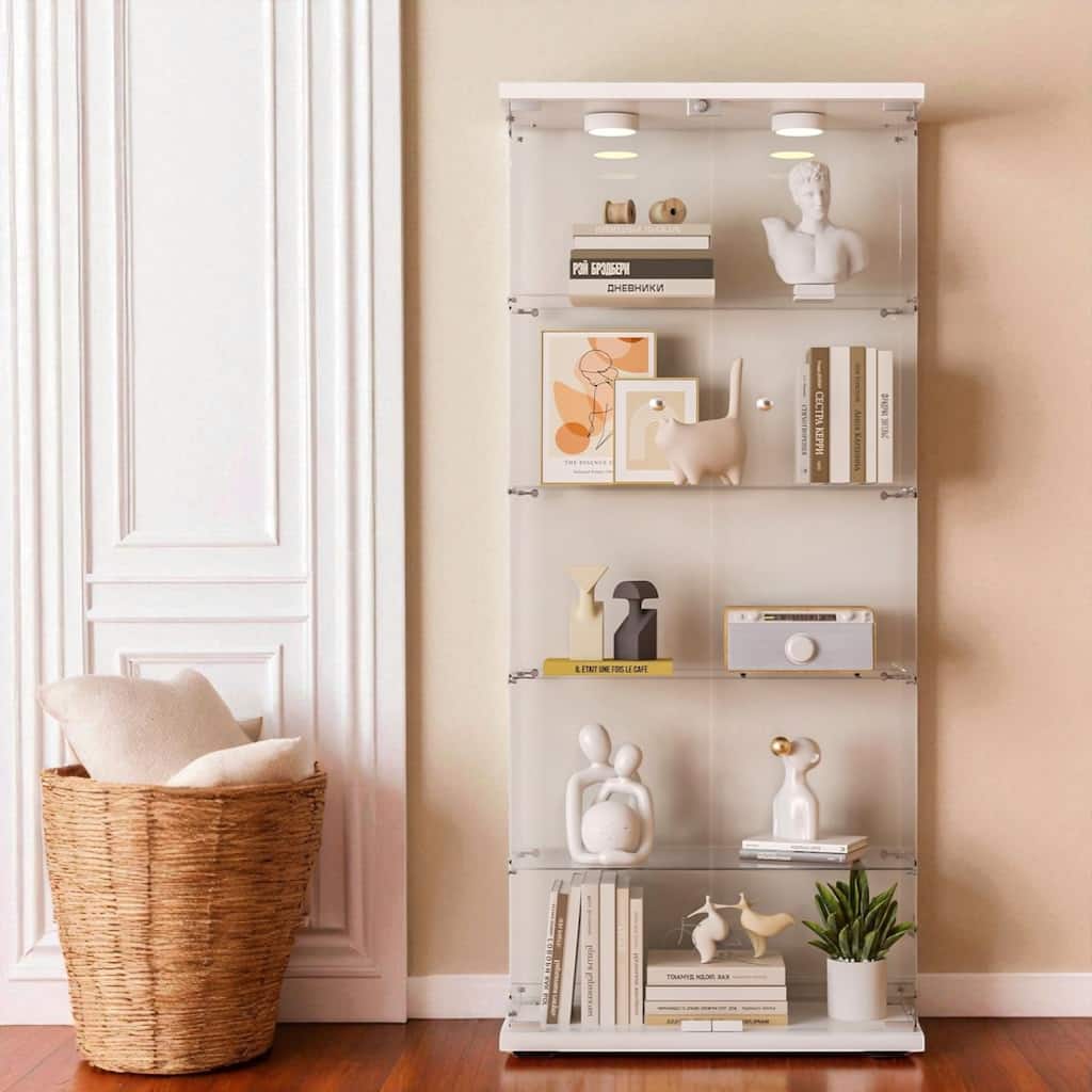 5-Shelf Glass Display Cabinet with Locking Door, 12-Color LED Lights and Remote Control