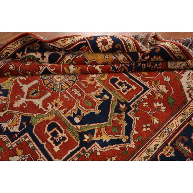 Orange Geometric Heriz Serapi Indian Area Rug Handmade Wool Carpet - 9'1" x 11'8"