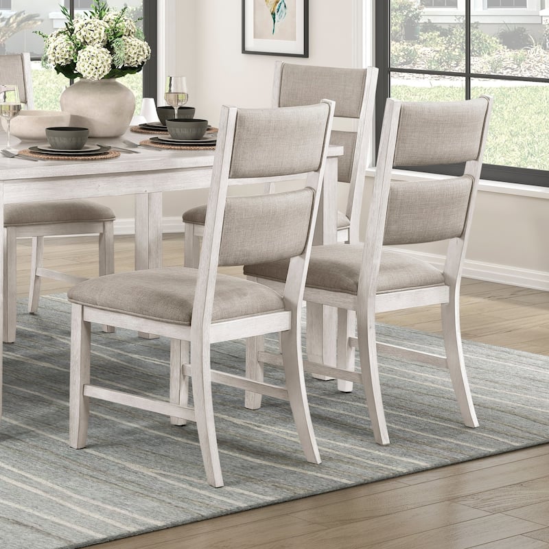 Modern Farmhouse 7pc Dining Set Table and 6 Side Chairs Upholstered Antique White Finish Durable Wooden Furniture