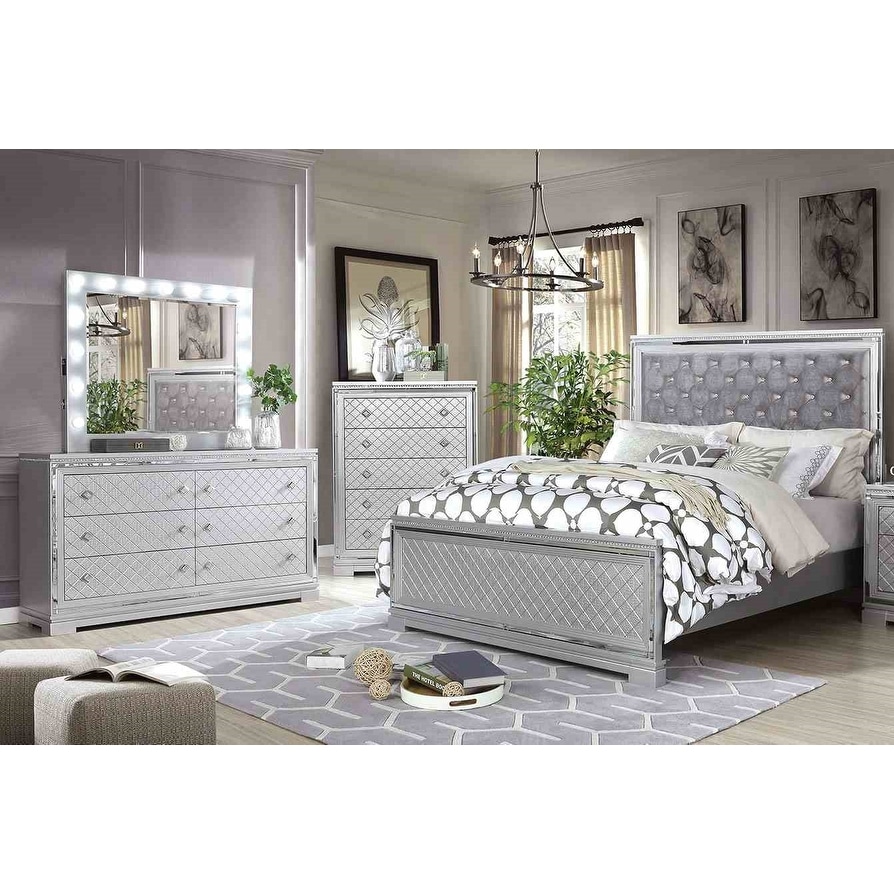 4PC Silver Finish Bedroom Set Bed Dresser Mirror Chest