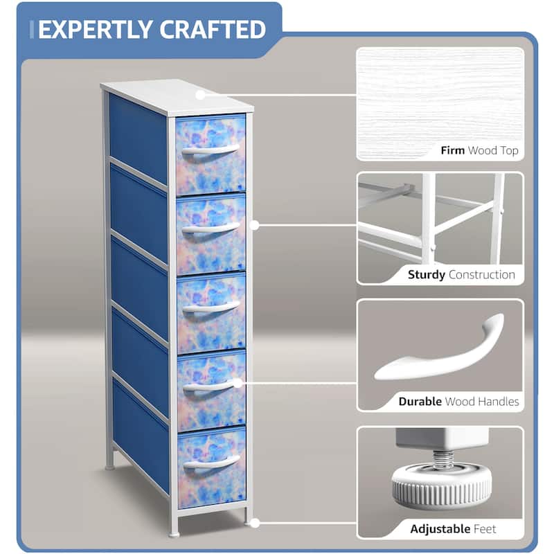 Sorbus Narrow Dresser with 5 Drawers - Vertical Slim Storage Chest of Drawers with Steel Frame, Wood Top & Easy Pull Fabric Bins