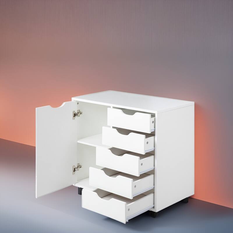 Wooden 5-Drawer Office Storage Cabinet with Extra Shelf and 360° Mobility for Effortless Organization
