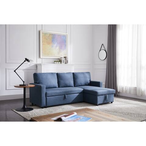 Sectional sofa with pulled out bed, 2 seats sofa and reversible chaise with storage, Stone fabric, (85"x52"x34")
