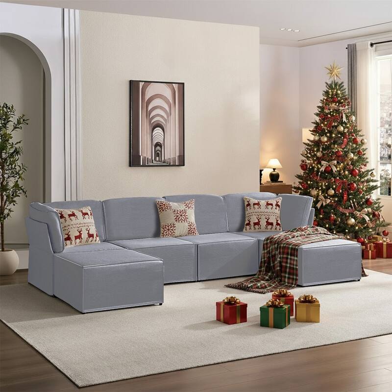 Mixoy Oversized Modular Sectional Sofa, U/L-Shaped Couch with Deep Seat, Ottoman, Convertible Modern Linen Sleeper Sofa Bed - Light Grey - Reversible