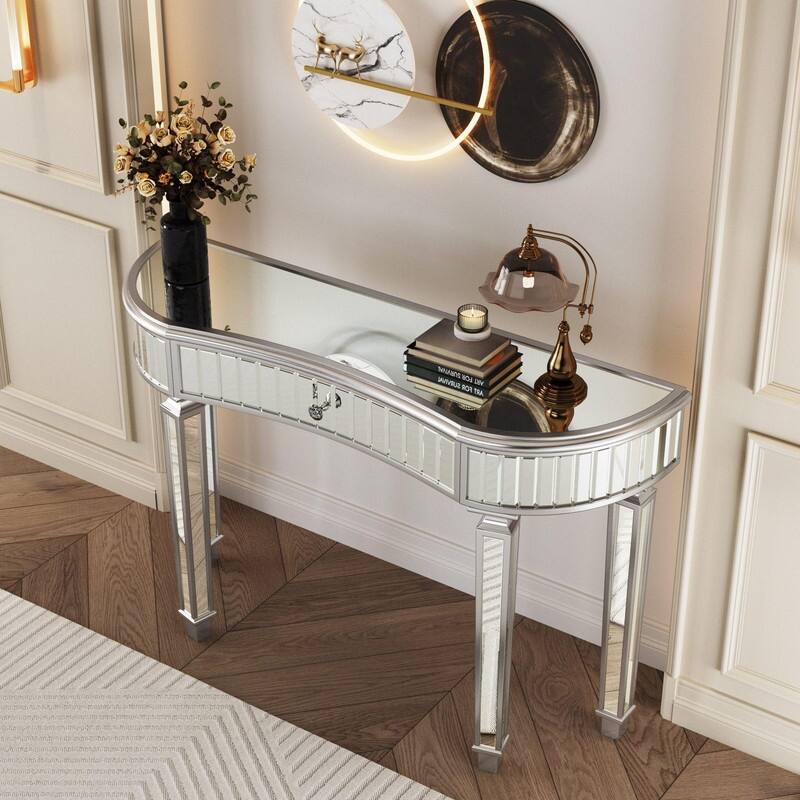 47" Half-Moon Mirrored Console Table with Fluted Glass and Storage Drawer for Stylish Entryway or Vanity
