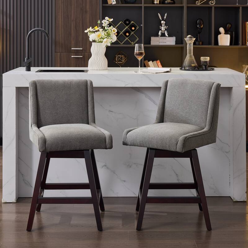 2-Pack Swivel Bar Stools - 360° Rotating Solid Wood and Fabric Stools with Comfortable Cushion - Dark Grey