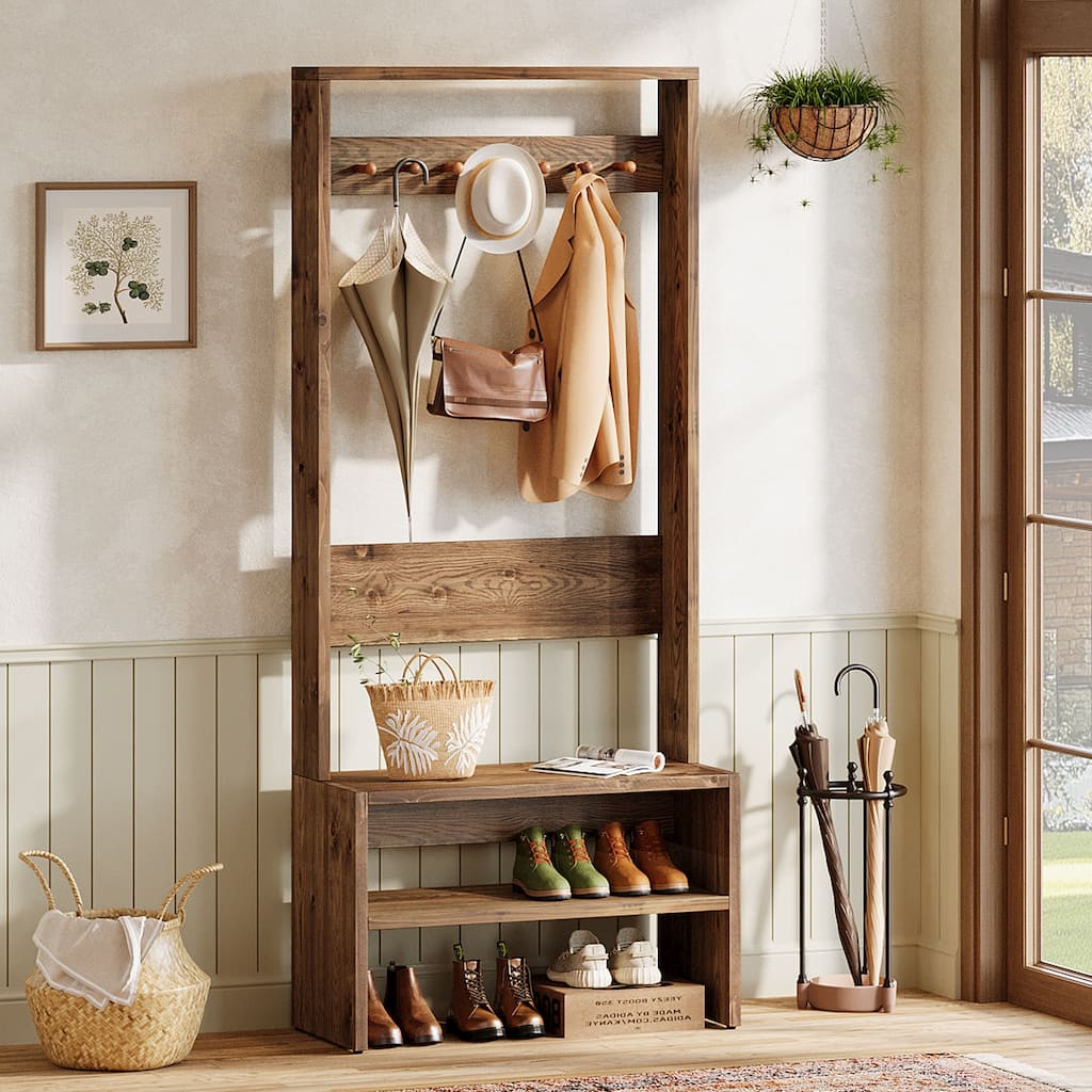 Solid Wood Hall Tree with Bench and Shoe Storage, 74.8" Tall Freestanding Coat Rack - 13.7" D x 33.4" W x 74.8" H