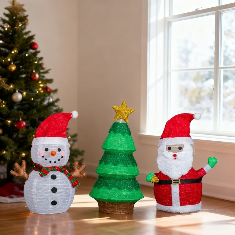 Set of 3 Lighted Santa and Snowman and Xmas Tree Christmas Decorations - White+Red+Green