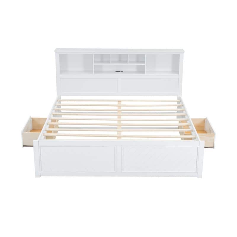 Solid Wood Bed Frame with Storage Bookcase Headboard and 2 Drawers, King Size Platform Bed with USB Port and Storage Shelves