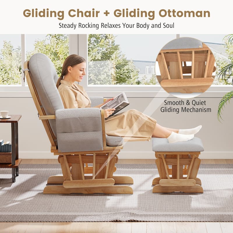 Solid Wood Gliding Chair Set with Storage Pockets and Ottoman for Relaxing - 29.5" x 28.5" x 39.5" (L x W x H)