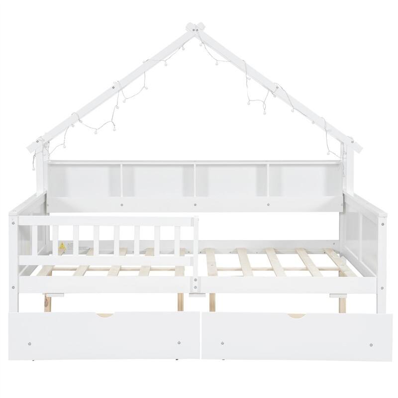 Wooden House Platform Bed with LED Light and 2 Storage Drawers, Full Size Daybed Sofa Bedframe with Storage Shelves & Guardrail