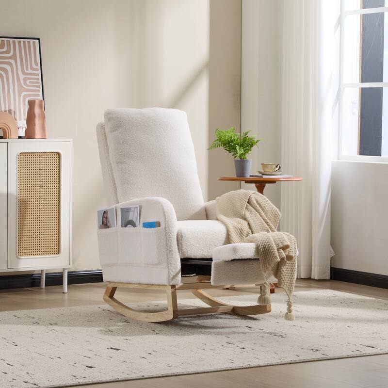 Modern Accent Rocking Chair Rocking Chair with Solid Wood Legs, Upholstered Nursery Glider Rocker Side Pocket and Footrest