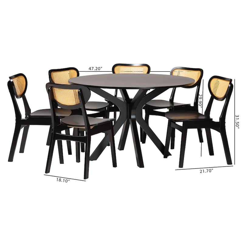 Giuliana Mid-Century Modern Wood and Woven Rattan 7-Piece Dining Set